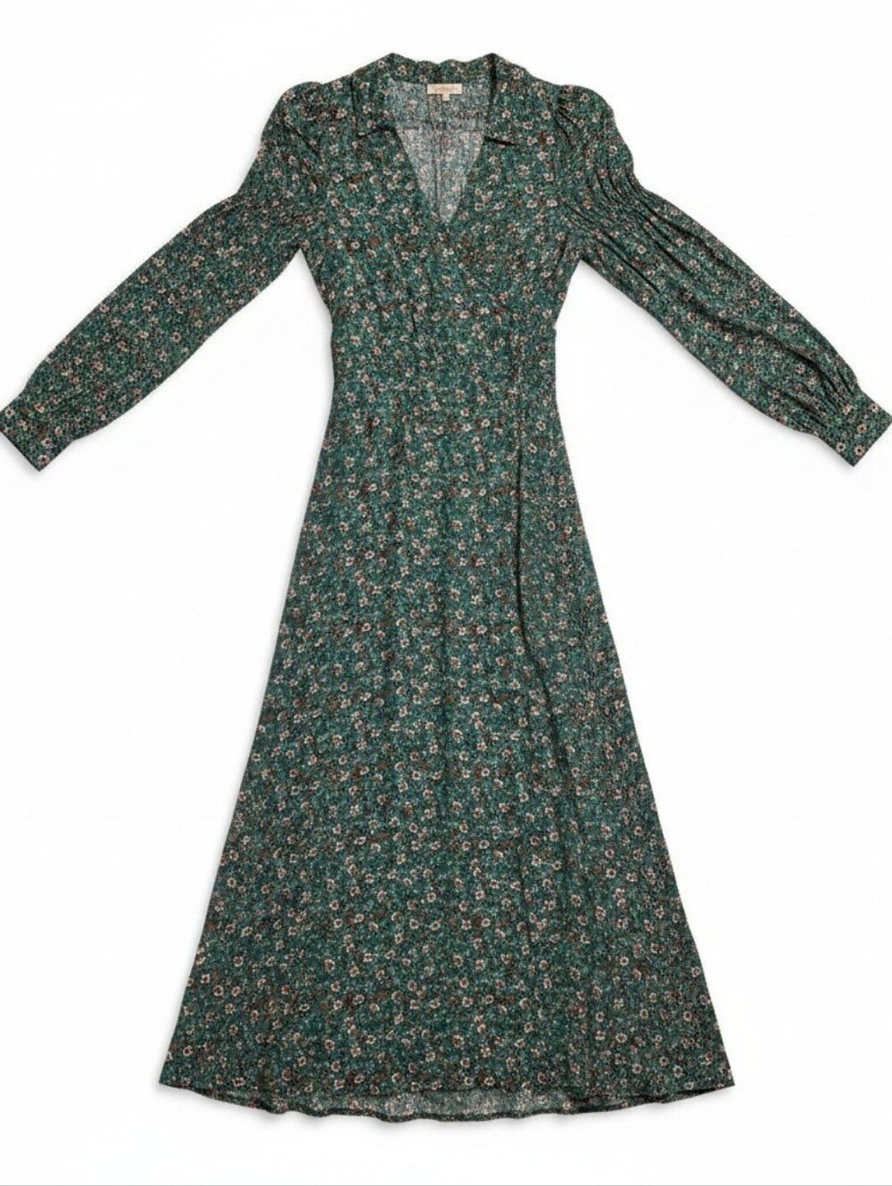 by TiMo Green Teal Floral Long Sleeve Wrap Midi Dress Size L Excellent Condition - Picture 2 of 7